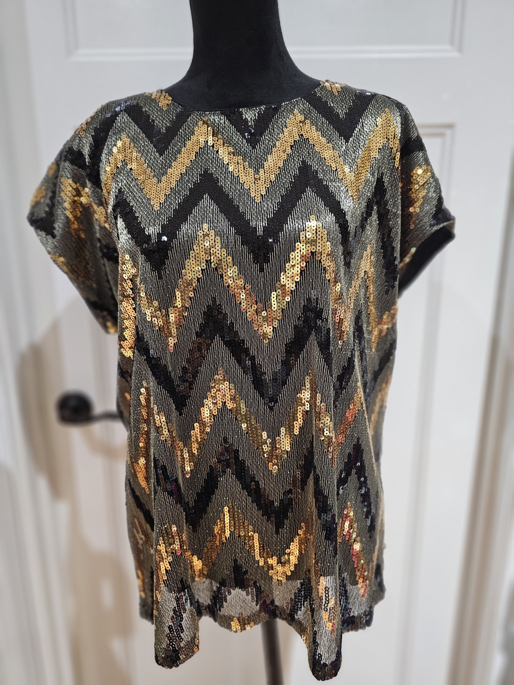 Gold and Black Chevron Sequin Short Sleeve Top, NWT